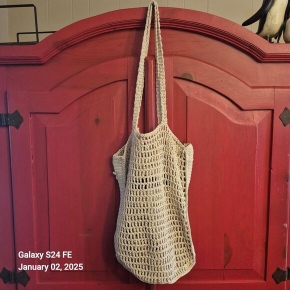 Crocheted Summer Boho Beach Bag Purse Grocery Tote Approx. 14 x 13 Tan Black EUC - Picture 3 of 4